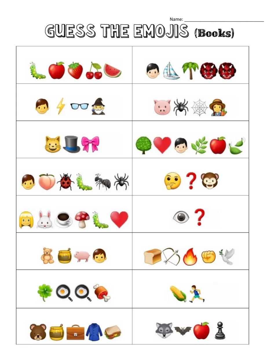 Guess the Emojis (Books): students decode 16 emoji strings, such as caterpillar and fruit, to name each children's book