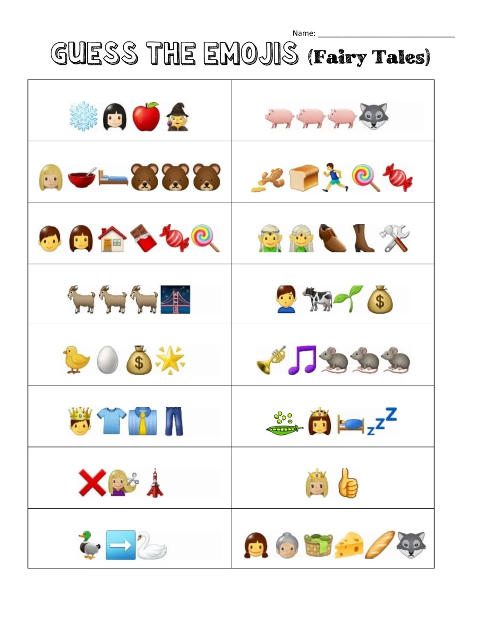 Guess the Emojis (Fairy Tales): students decode 16 emoji clues, like three pigs and a wolf, to name each fairy tale