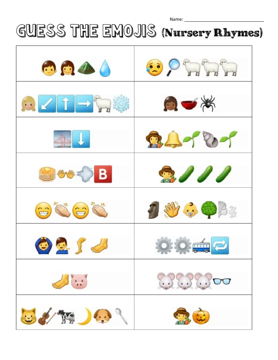 Second nursery rhymes emoji puzzle: students name 16 more rhymes from clues like mice with glasses or a cow and moon