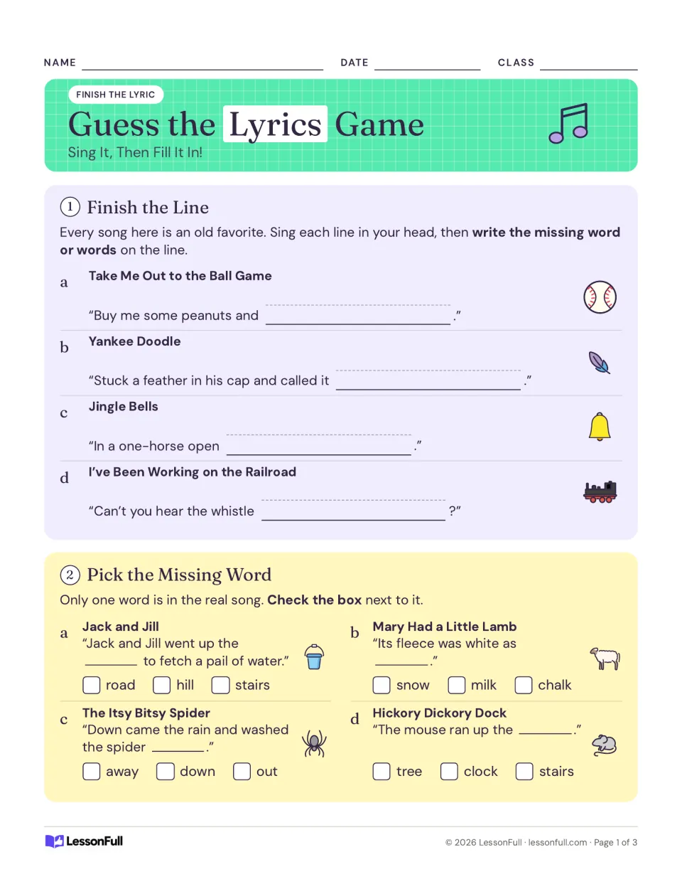 Finish the Line and Pick the Missing Word: fill in lines from familiar songs like Yankee Doodle and Jingle Bells