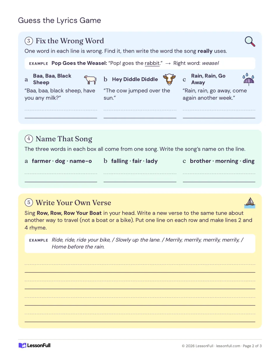 Fix the Wrong Word in nursery rhyme lines, name a song from three clue words, and write a new verse to a known tune