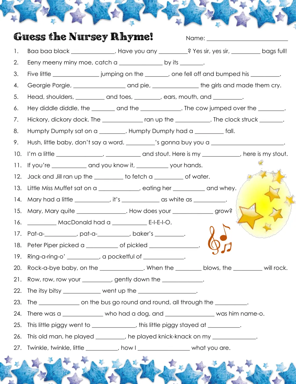 Nursery rhyme cloze: students fill in missing words in 27 rhyme lines, from Baa Baa Black Sheep to Twinkle Twinkle