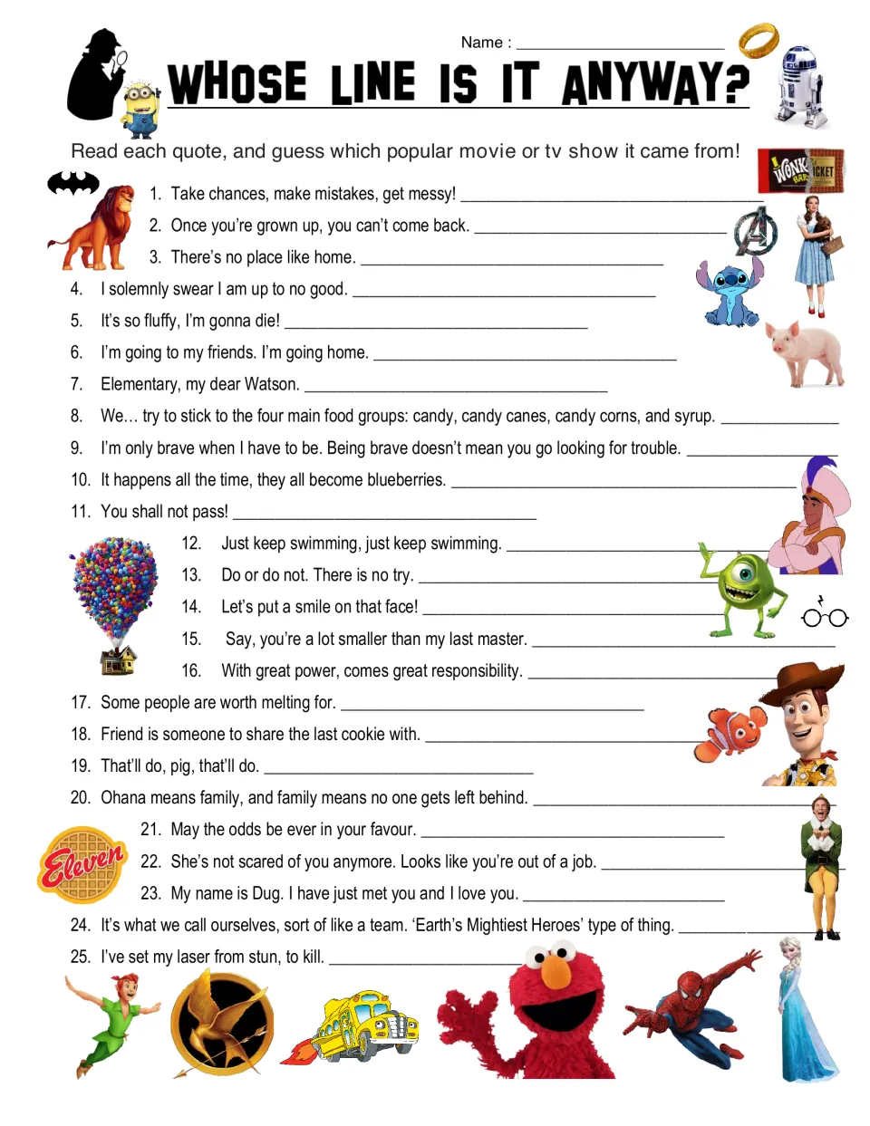 Movie and TV quote quiz: students read 25 famous lines and write which film or show each came from, with character pictures