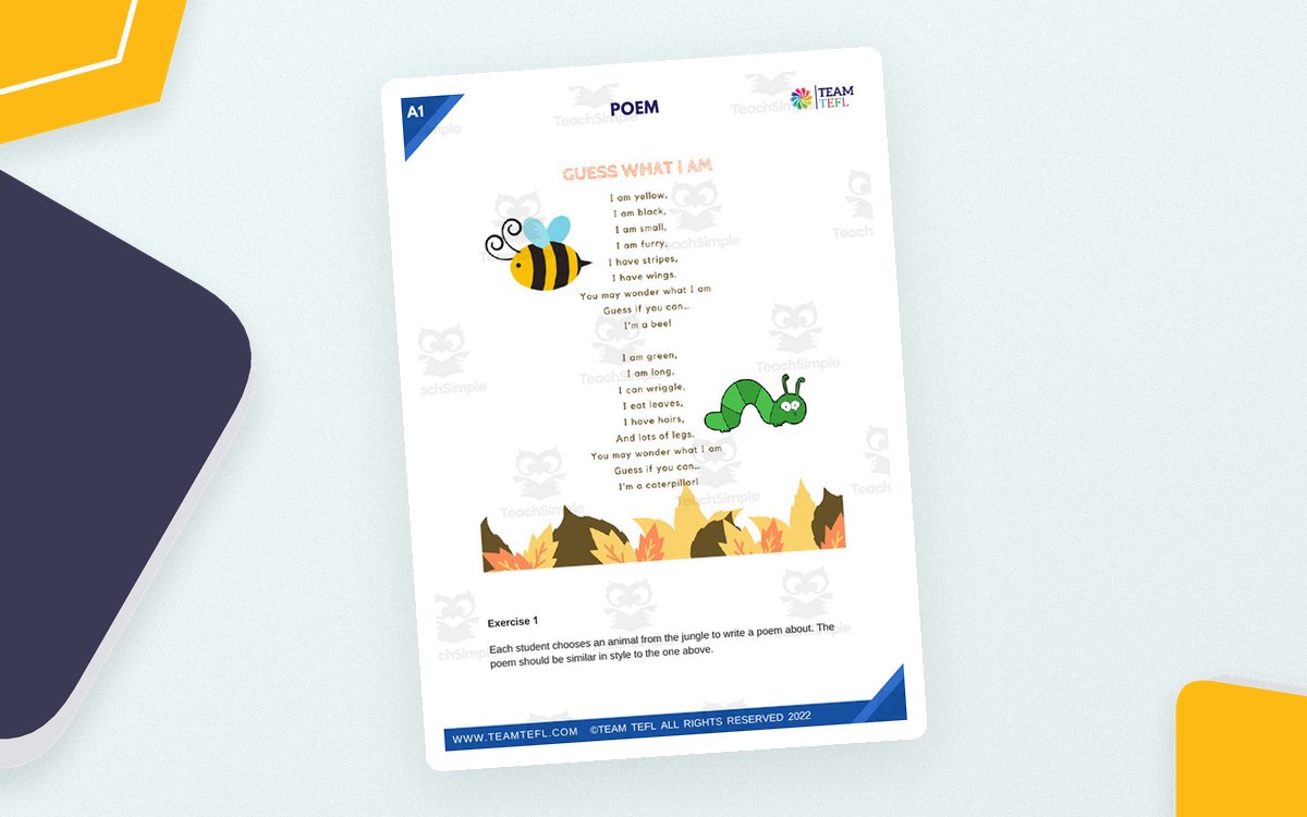 White Guess What I Am poetry activity page with a small bee, caterpillar and autumn leaves around a short poem and an Exercise 1 prompt.