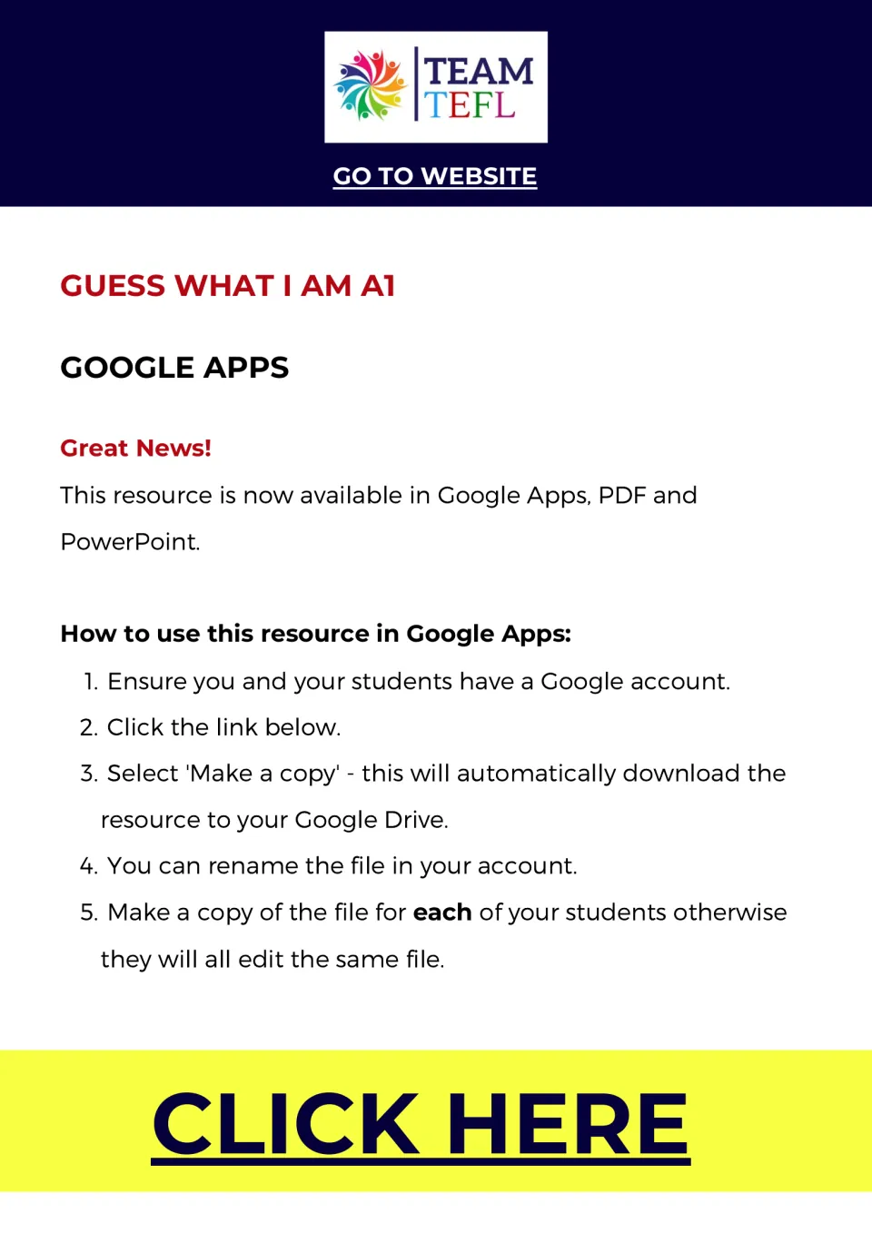 Guess What I Am A1 Google Apps guide: five steps for making a copy of the resource in Google Drive for each student