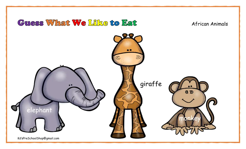African animal food guessing: labeled elephant, giraffe and monkey pictures for students to match with what each one eats