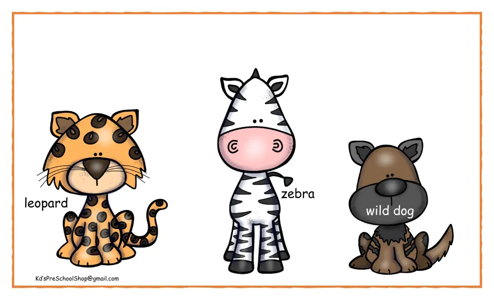 African animal picture cards: a labeled leopard, zebra and wild dog for students to pair with the foods each animal eats