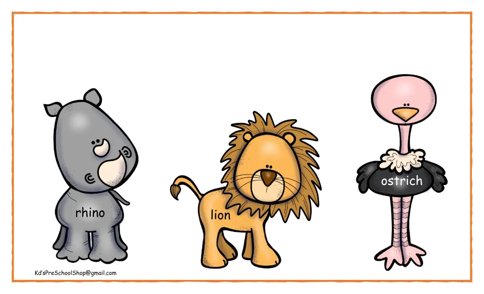 African animal picture cards showing a labeled rhino, lion and ostrich for students to match to their favorite foods