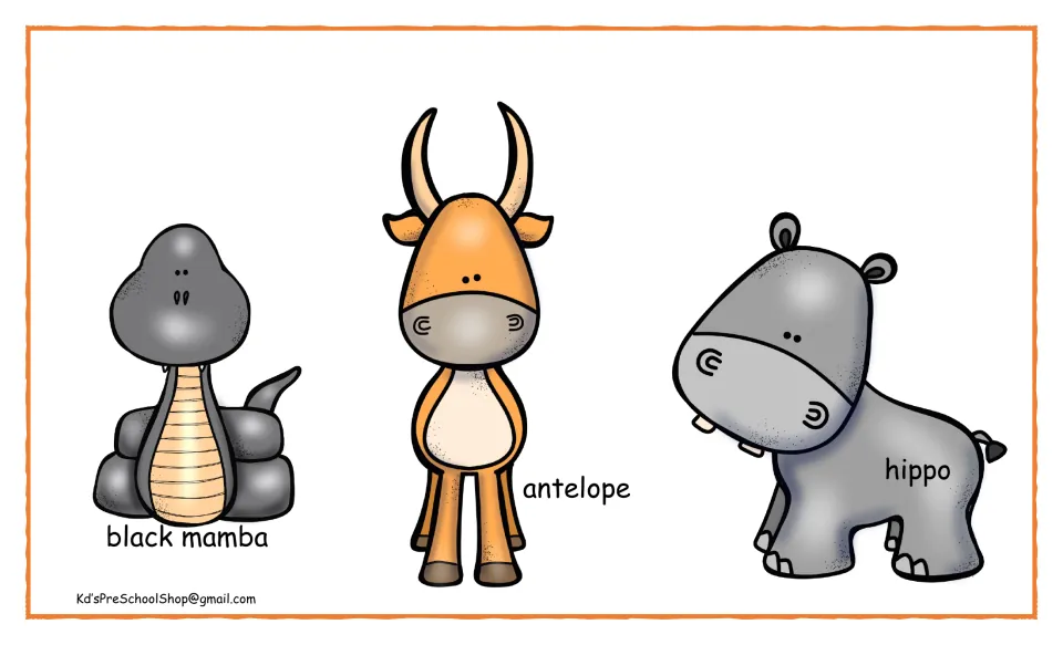 African animal picture cards: a labeled black mamba, antelope and hippo for students to match with the foods they eat