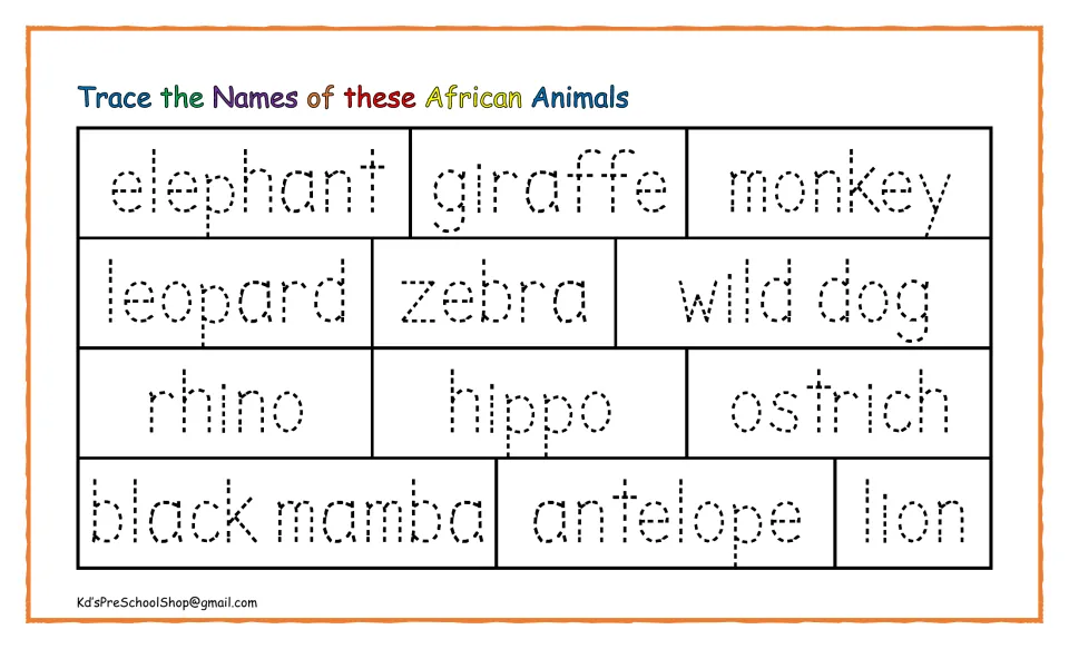 Handwriting practice: students trace the dotted names of 12 African animals, from elephant and giraffe to antelope and lion