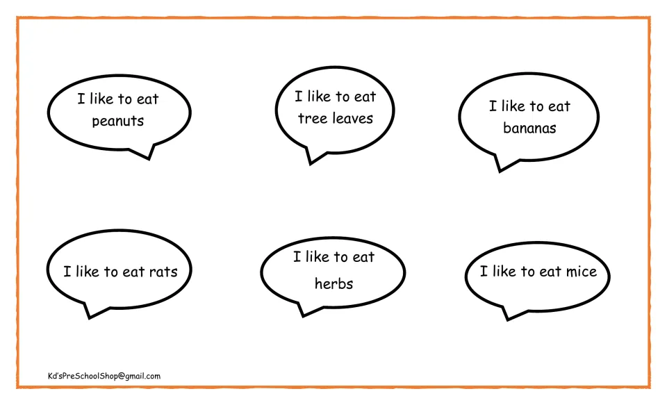 Animal diets speech bubbles: 'I like to eat' peanuts, tree leaves, bananas, rats, herbs and mice, for matching to animals