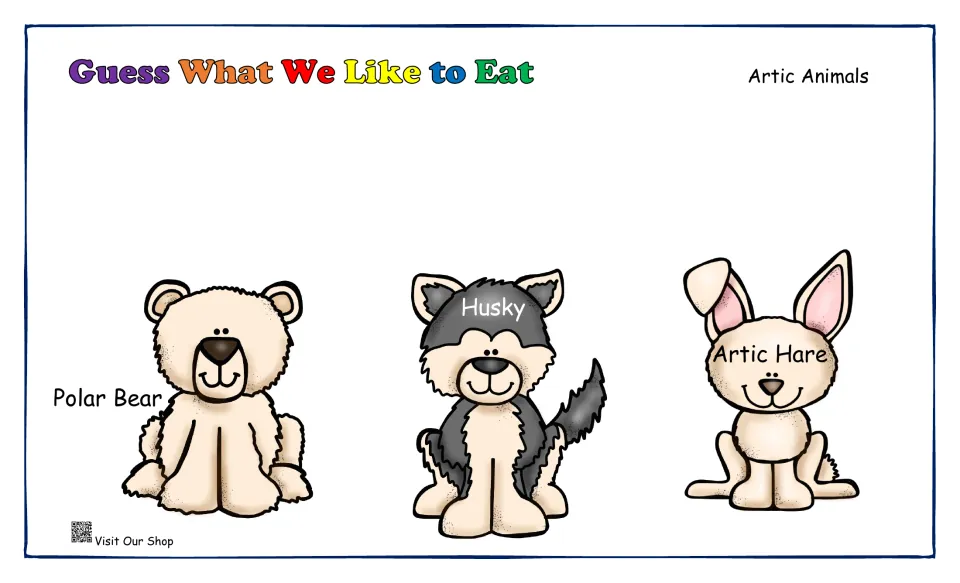 Guess What We Like to Eat, Arctic animals: labeled cartoon polar bear, husky and Arctic hare for naming the animals