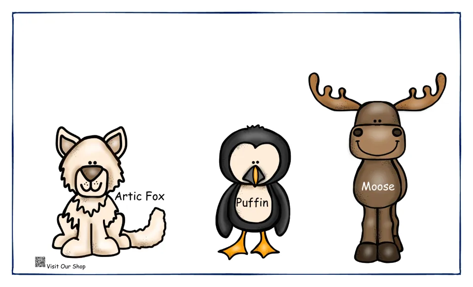 Arctic animal pictures: labeled cartoon Arctic fox, puffin and moose for students to name and match with food clues
