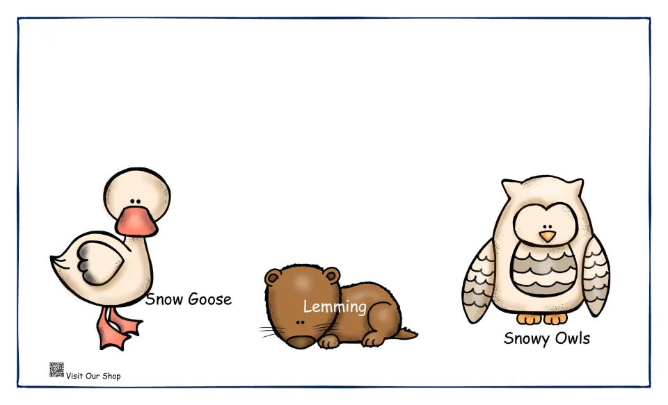 Arctic birds and rodents: labeled cartoon snow goose, lemming and snowy owl for students to identify by name