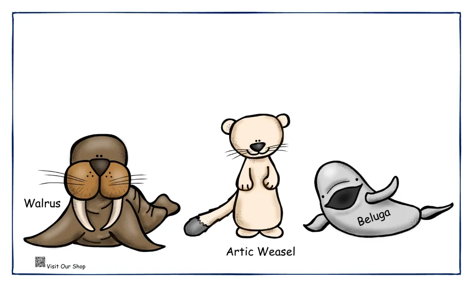 Arctic sea and land animals: labeled cartoon walrus, Arctic weasel and beluga whale for students to name