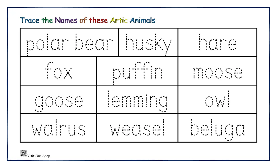 Trace the Names of these Arctic Animals: handwriting practice tracing 12 dotted words from polar bear and husky to beluga