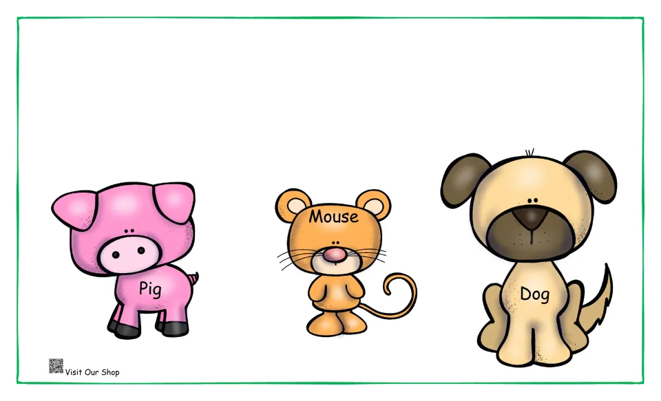 Farm animal food guessing: labeled pig, mouse and dog pictures for students to pair with the food each animal likes to eat