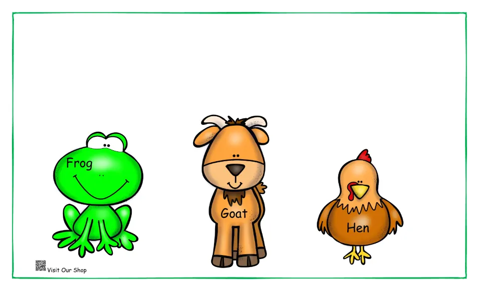 Farm animal food guessing: labeled frog, goat and hen pictures for students to match to the food each one likes to eat