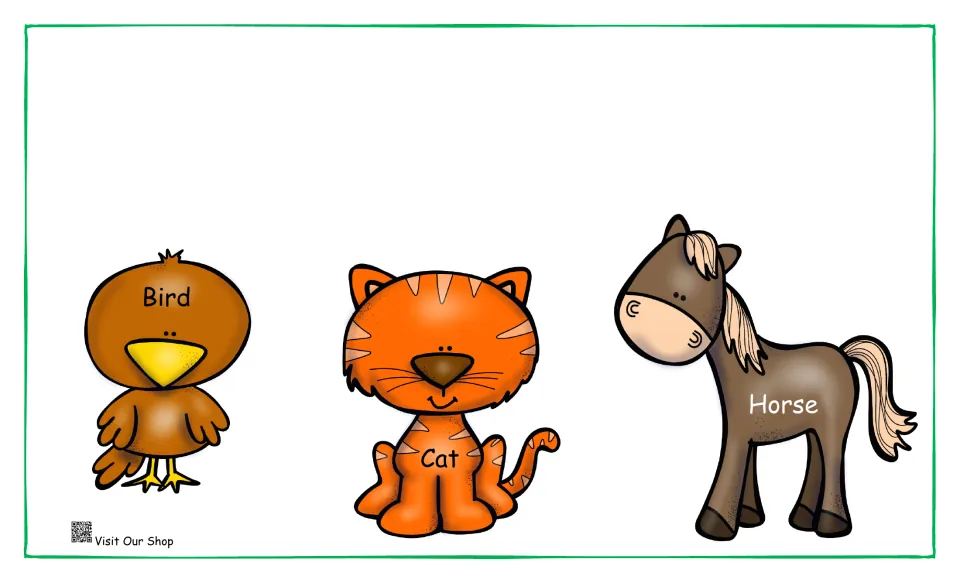 Farm animal food guessing: labeled bird, cat and horse pictures for students to match to the food each animal likes to eat