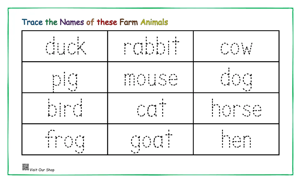 Handwriting practice: students trace the dotted names of 12 farm animals, from duck, rabbit and cow to frog, goat and hen
