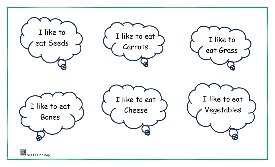 Animal food cards: six 'I like to eat' clouds naming seeds, carrots, grass, bones, cheese and vegetables for matching