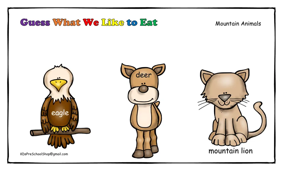 Guess What We Like to Eat mountain animals: labeled eagle, deer and mountain lion pictures for a food-matching game