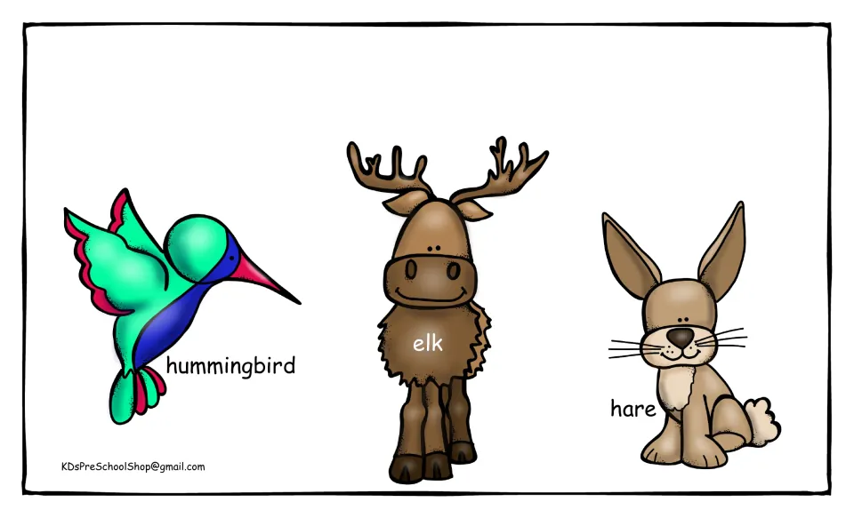 Mountain animal pictures: a labeled hummingbird, elk and hare for students to identify and discuss what each animal eats