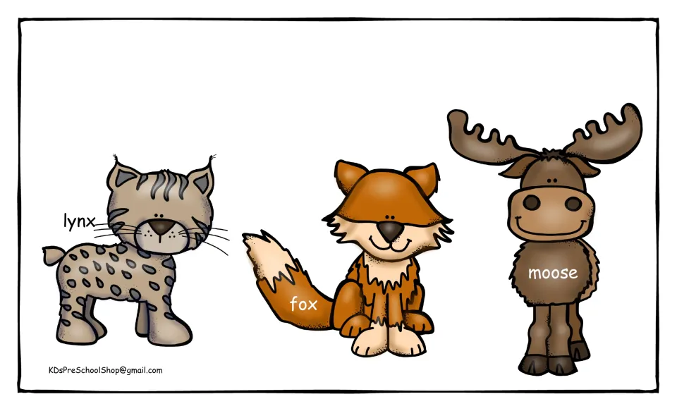 Mountain animal pictures: a labeled lynx, fox and moose for students to name and match with the foods each animal eats