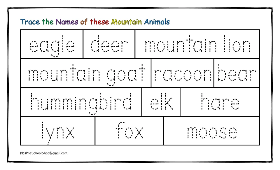 Trace the names of mountain animals: students trace 15 dotted names: eagle, mountain lion, hummingbird, elk and moose