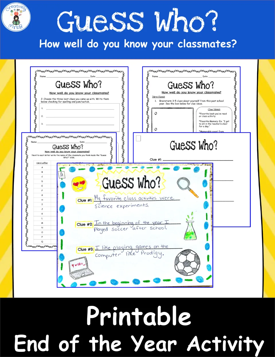 Guess Who? printable end of the year activity cover showing clue worksheets, recording sheet and finished sample clue card