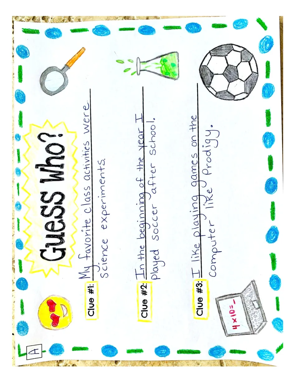 Sample clue card for letter A with three clues about science experiments, playing soccer and Prodigy, plus drawings