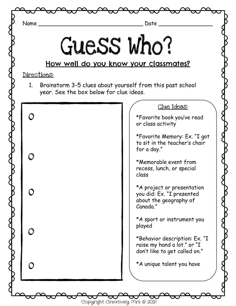 Brainstorming clues: students list 3 to 5 facts about their school year using ideas like a favorite memory or unique talent