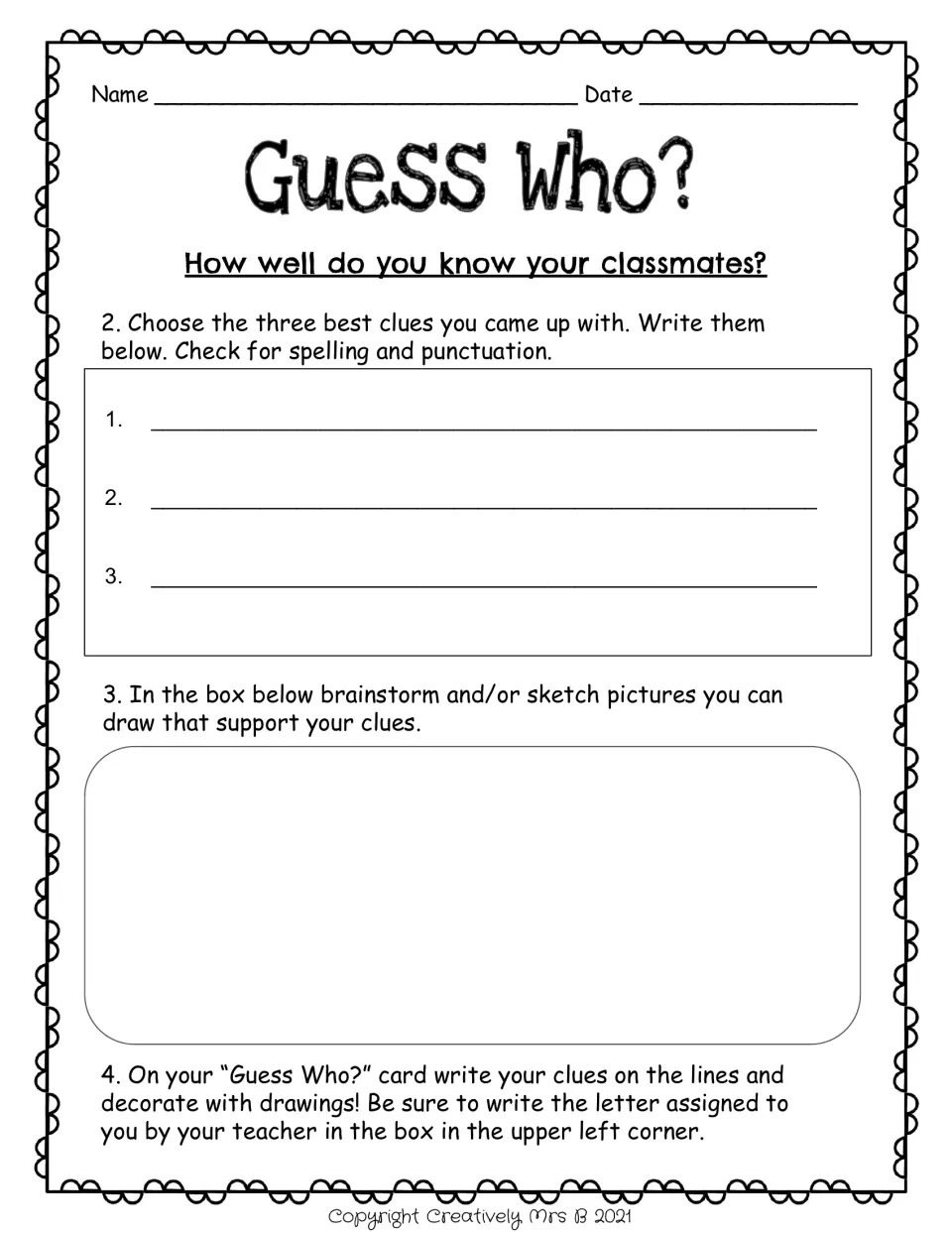 Planning page: students pick their three best clues, edit spelling and punctuation, and sketch pictures for each clue