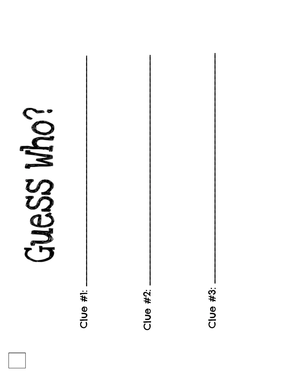 Full-page landscape Guess Who? card template where students write their assigned letter and three clues about the year