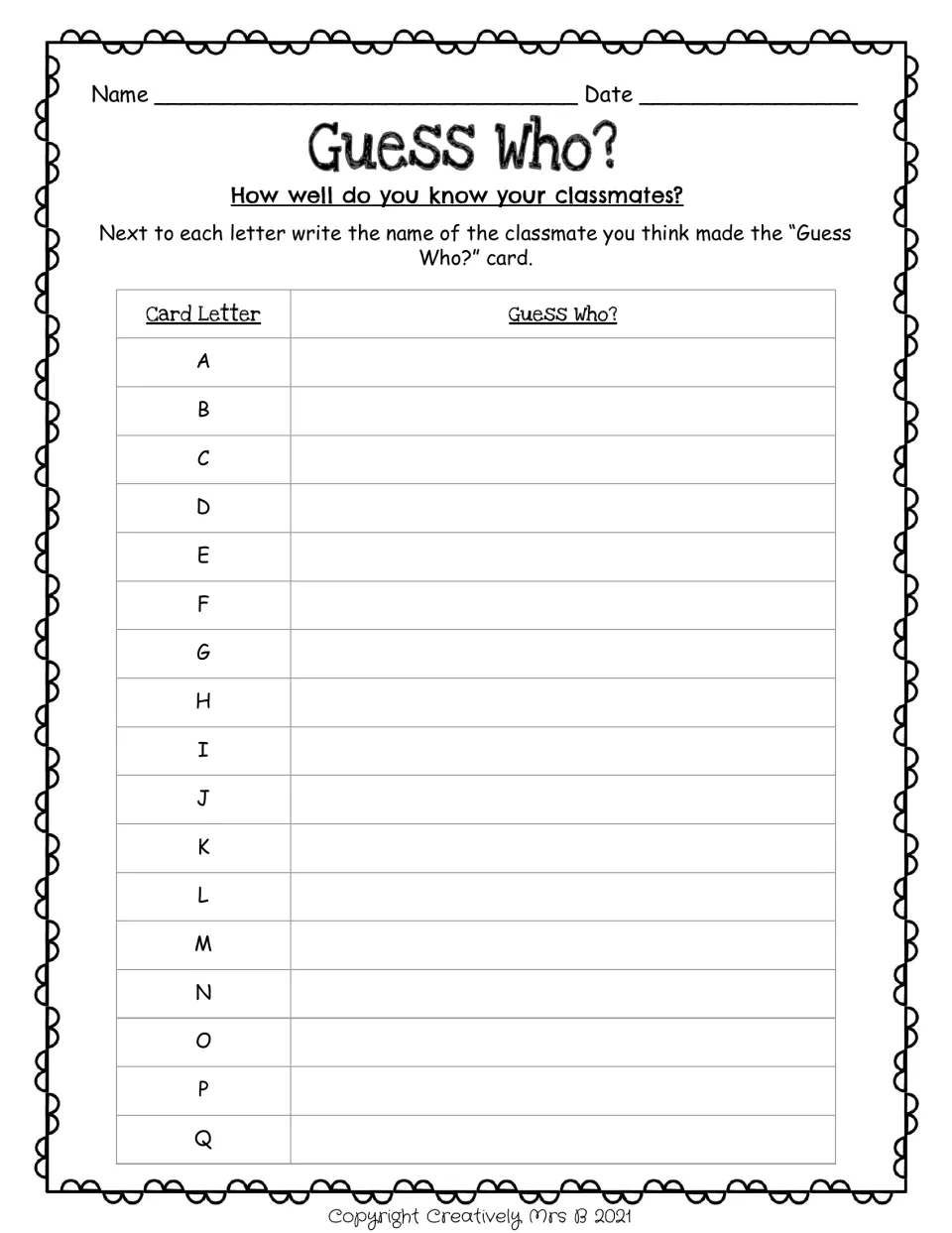 Recording sheet for card letters A to Q: students write the name of the classmate they think made each card