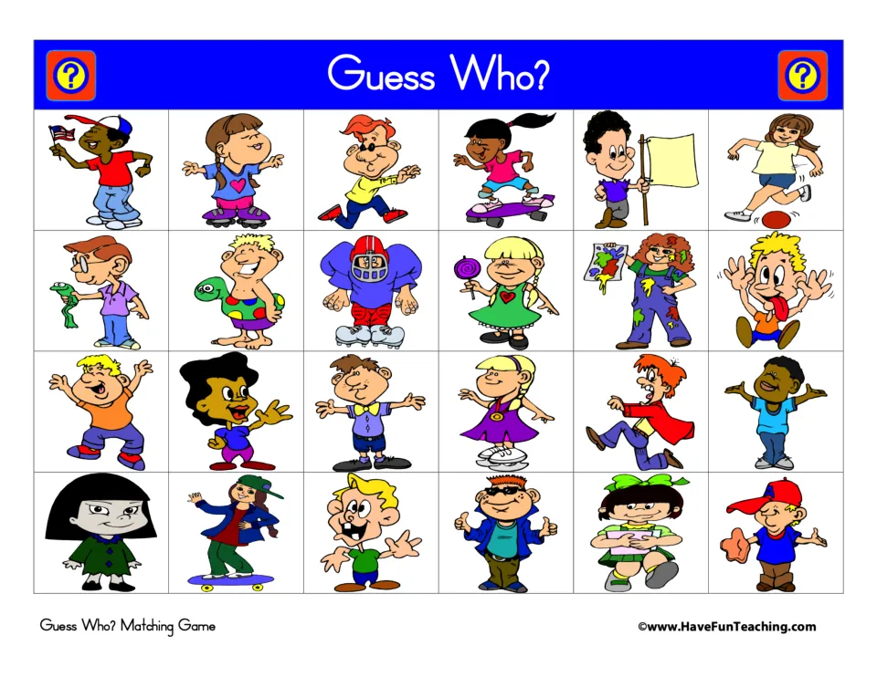Blue game board showing 24 mystery people, including a football player, a painter, and two skateboarders
