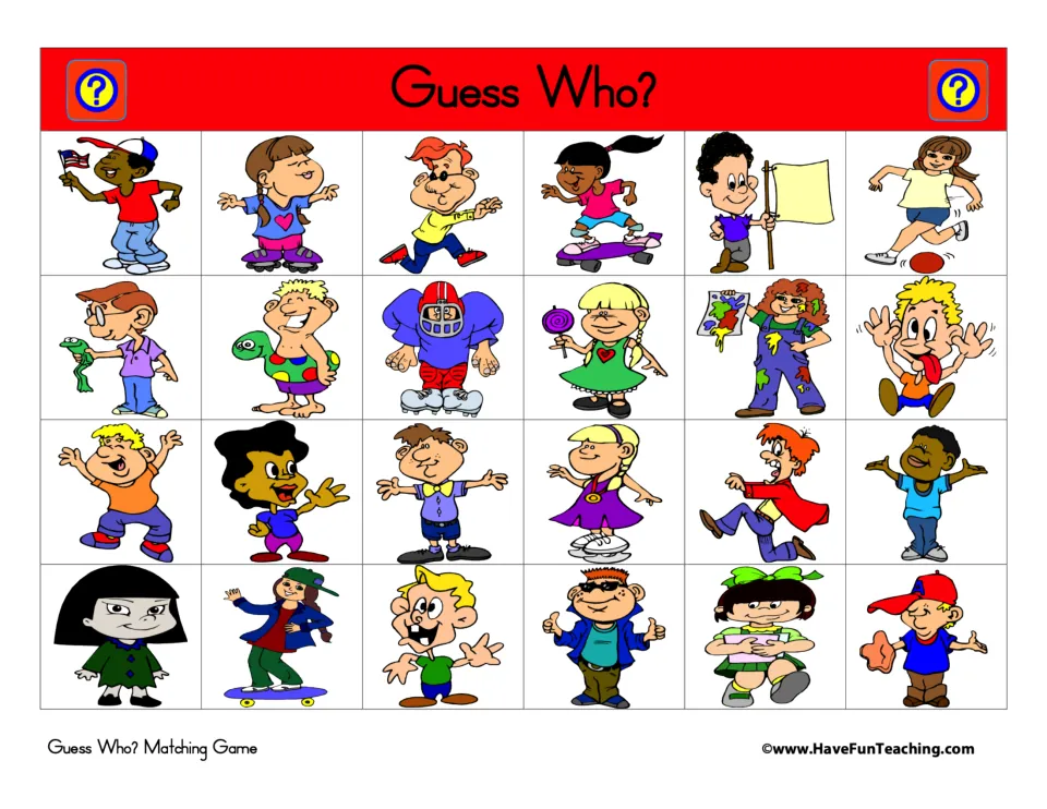 Red game board showing the same 24 mystery people as the blue board, including a child holding a frog
