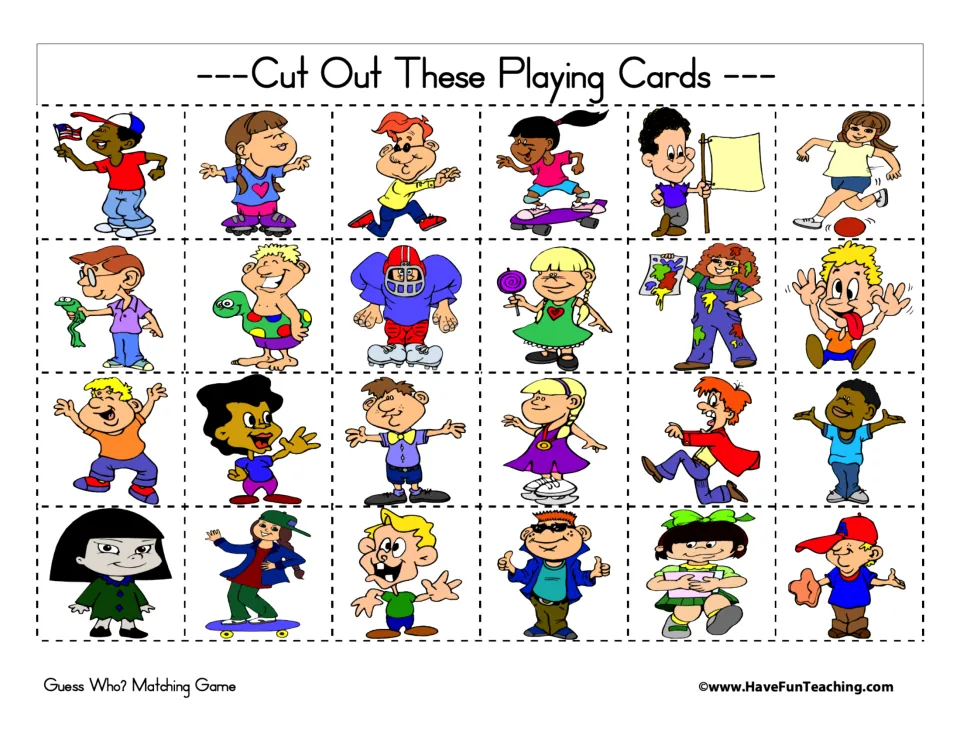 Set of 24 cut-out playing cards matching the people on both game boards, used to draw a secret person