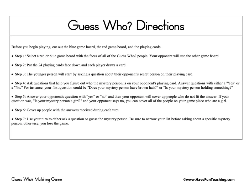 Game directions explain choosing boards, drawing secret cards, asking yes-or-no questions, and guessing