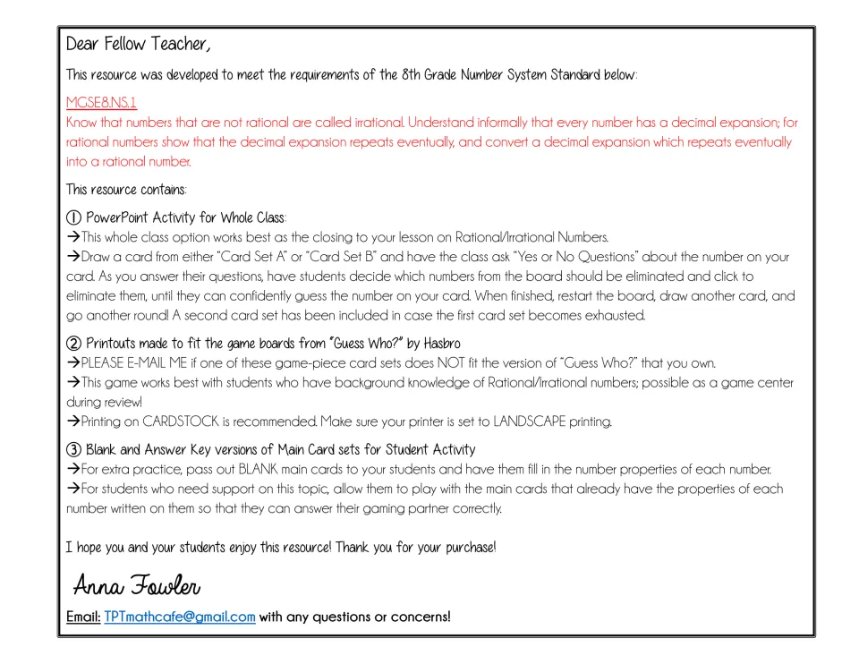Teacher letter for the rational and irrational numbers guessing game: MGSE8.NS.1, a PowerPoint, printouts and card sets