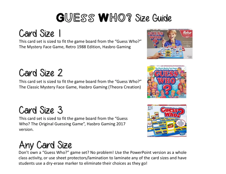 Size guide matching card sizes 1, 2 and 3 to three Hasbro Guess Who? game boards, plus laminating tips for any size