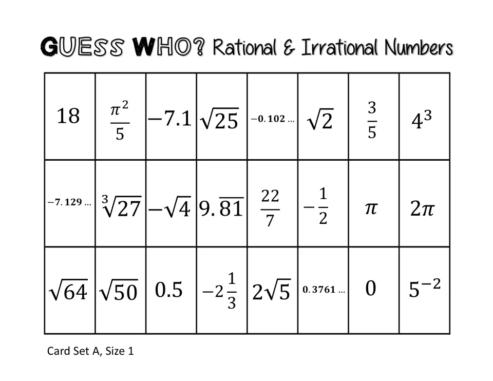 Guessing game board of 24 rational and irrational numbers like 18, π²/5, √25, √2, 3/5 and 2π, Card Set A size 1