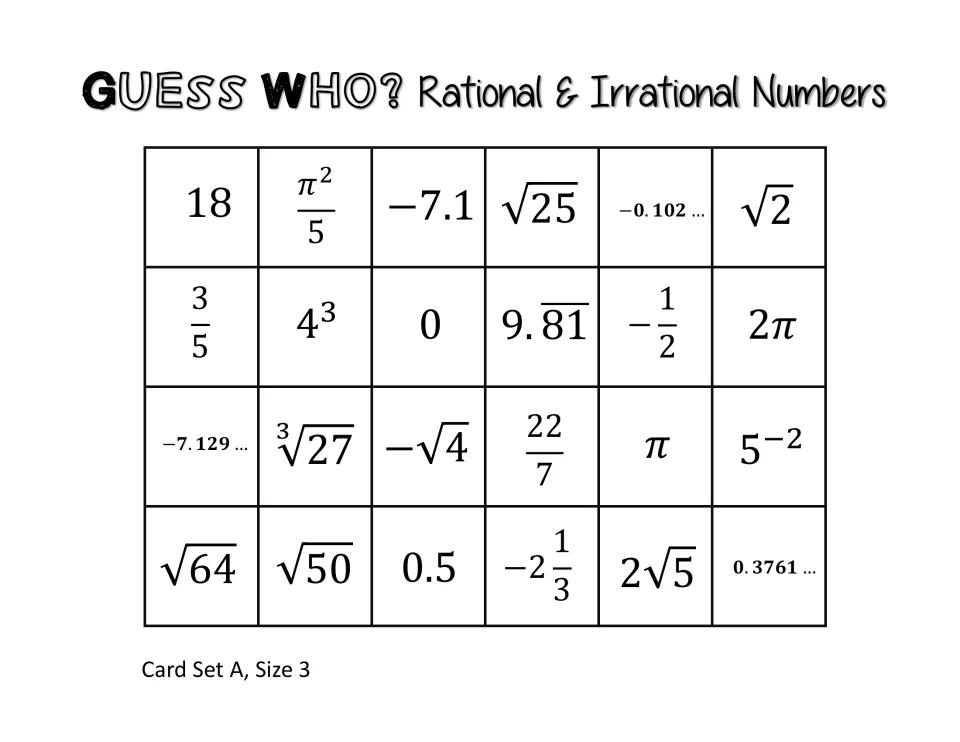 Guessing game board of 24 rational and irrational numbers like ∛27, −√4, π, √64 and 2√5, Card Set A size 3