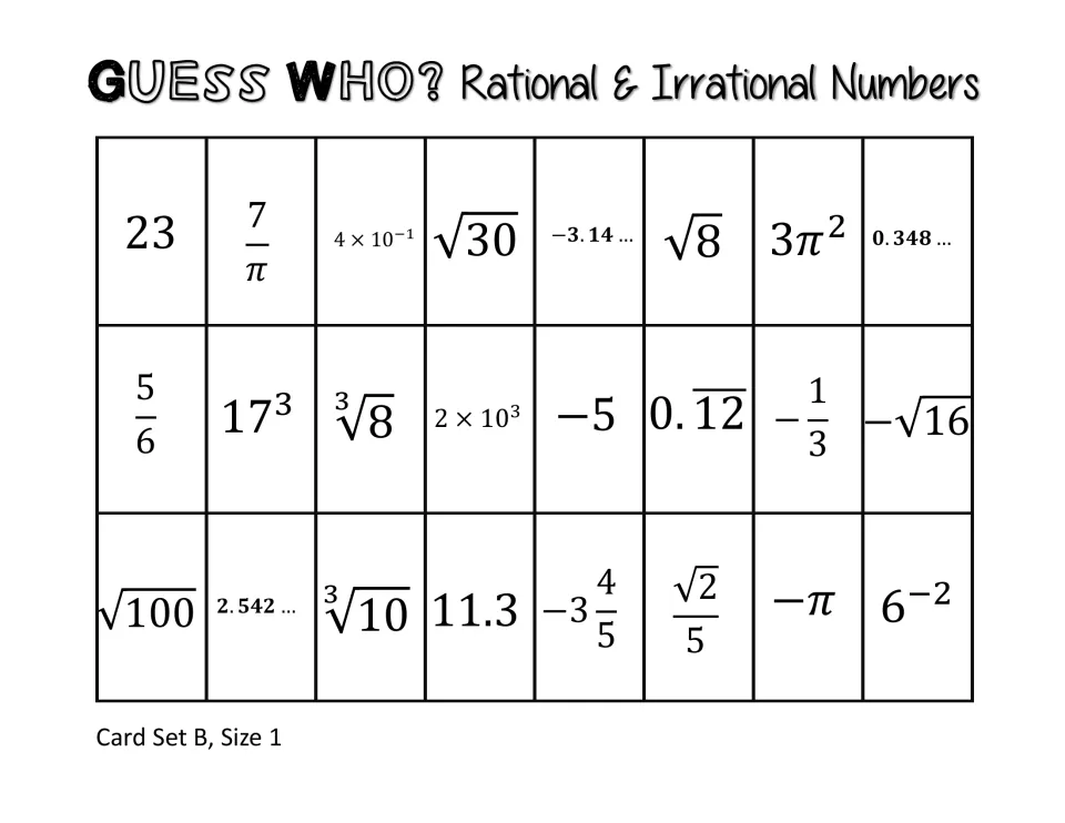 Guessing game board of 24 rational and irrational numbers like 23, 7/π, √30, ∛8 and −π, Card Set B size 1