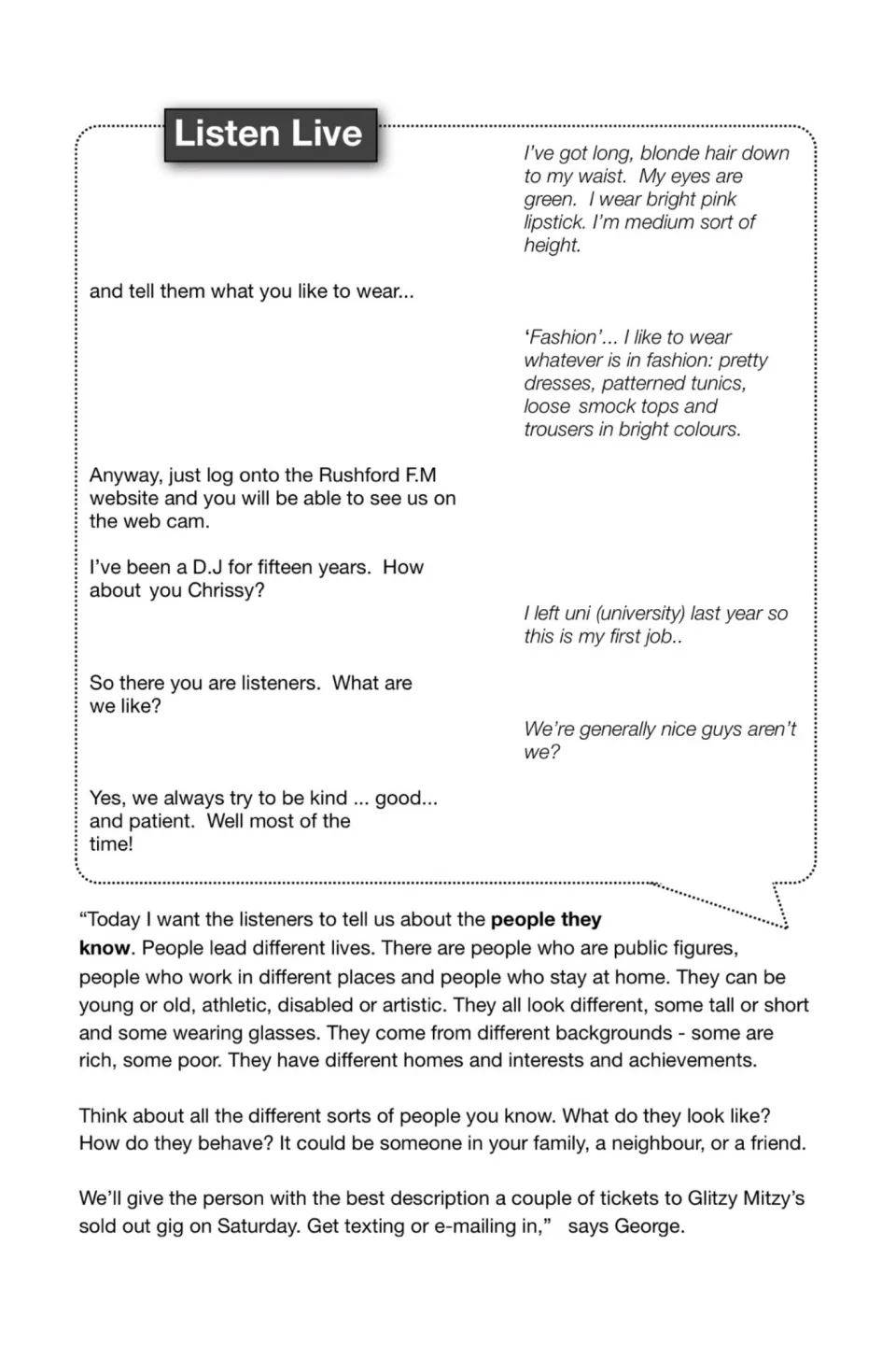 Radio script continues: Christabelle describes her looks, then George invites listeners to describe people they know