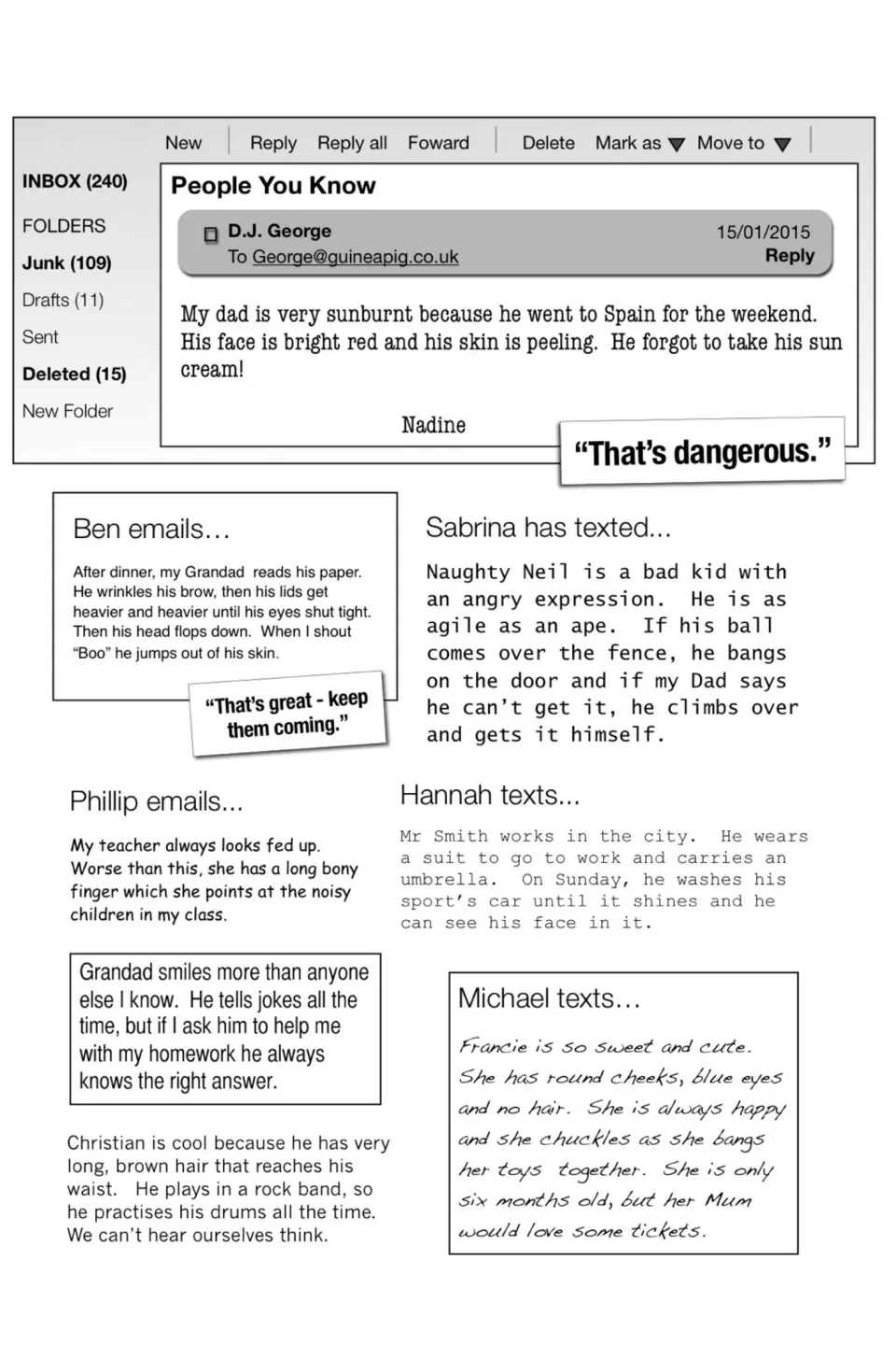 More listener emails and texts describing a sunburnt dad, a dozing grandad, Naughty Neil, Mr Smith and baby Francie