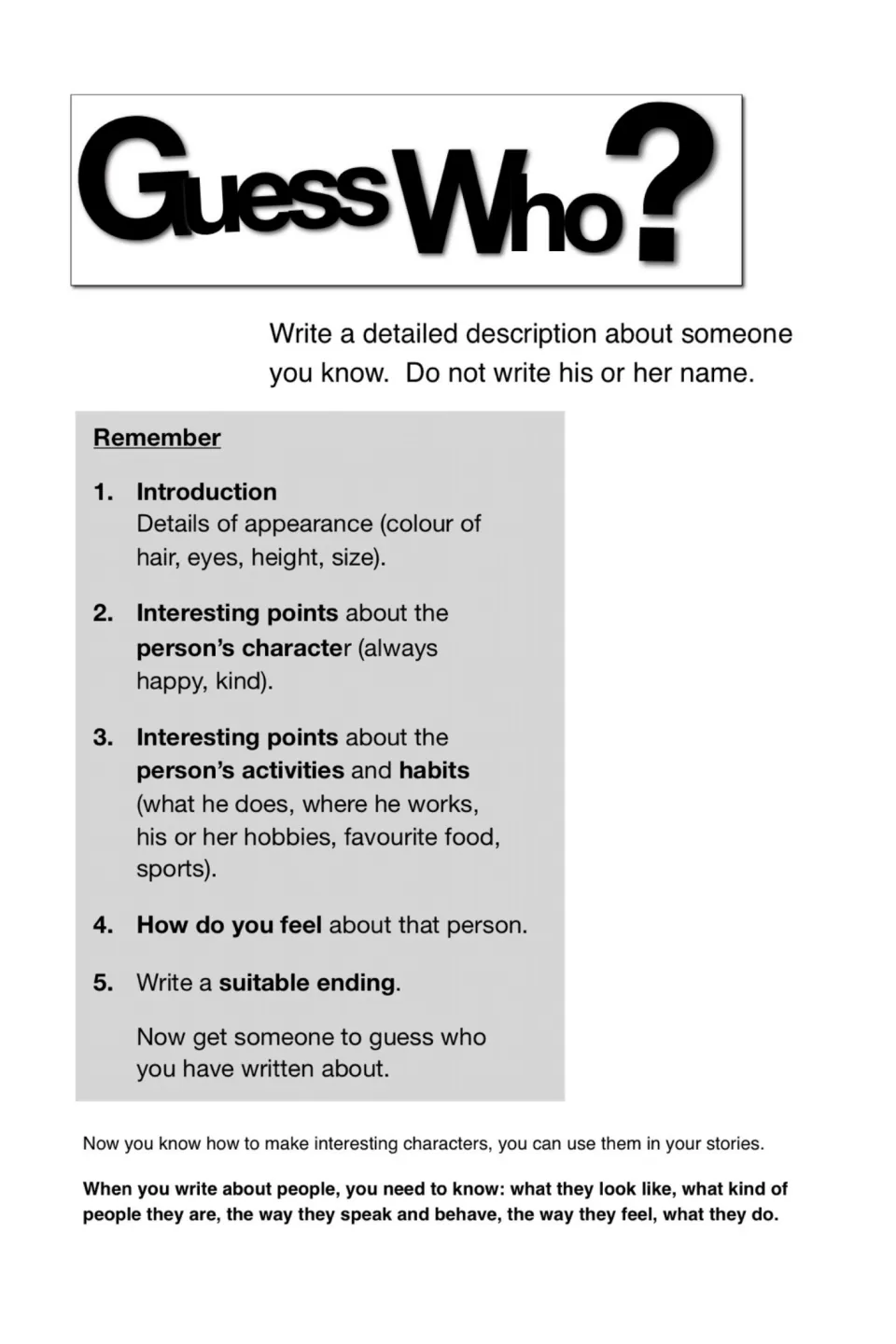 Guess Who? task: students describe someone they know without naming them, following a 5-step plan from looks to ending