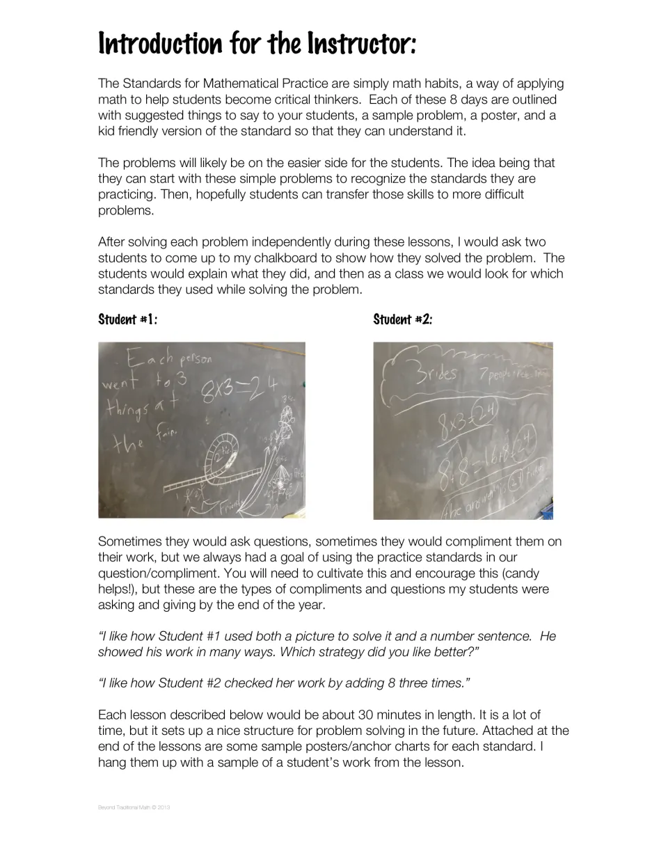 Instructor introduction: how 8 daily lessons work, with two chalkboard student solutions showing 8x3=24 and model praise