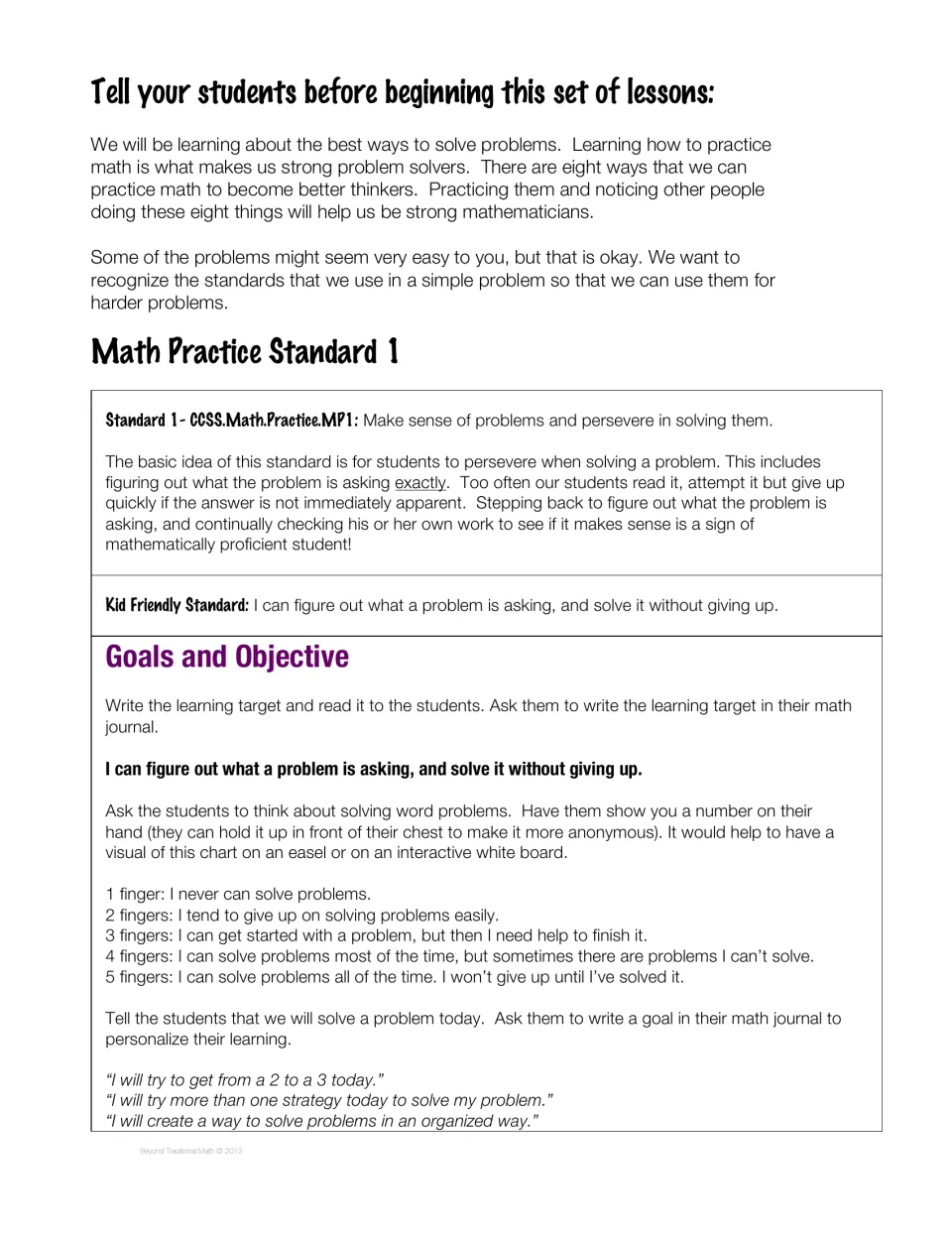 Math Practice Standard 1, make sense of problems and persevere: kid-friendly target, 1-5 finger self-rating and goal ideas