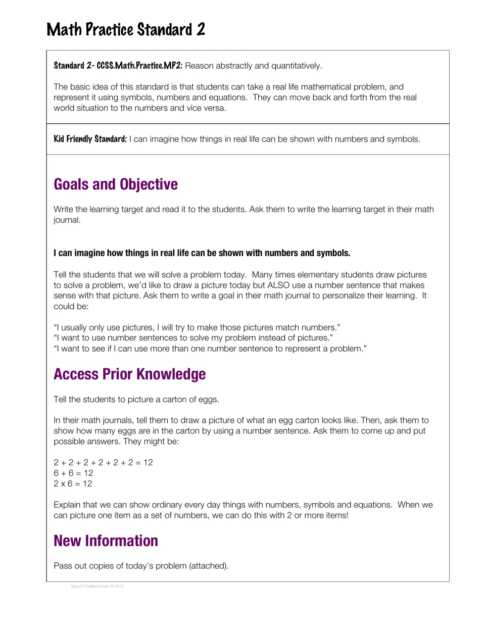 Math Practice Standard 2, reason abstractly and quantitatively: kid-friendly target, goals and egg carton number sentences